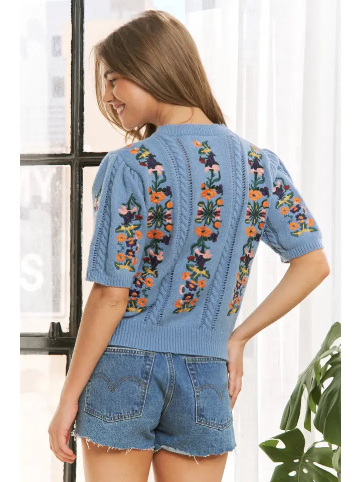 Embroidered Short-Sleeve Sweater