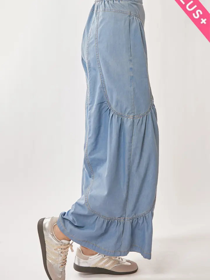 Denim Ruffled Wide Leg Pants (Plus Sized)