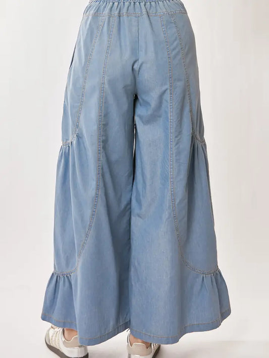 Denim Ruffled Wide Leg Pants (Plus Sized)