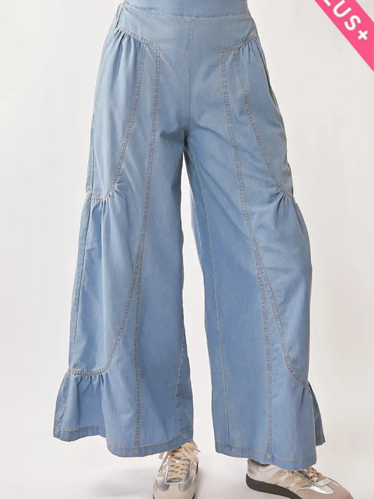 Denim Ruffled Wide Leg Pants (Plus Sized)