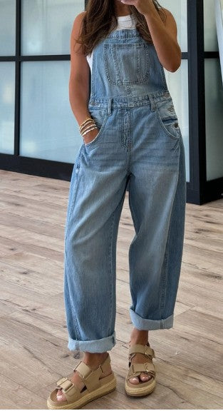 Barrel Leg Denim Overalls