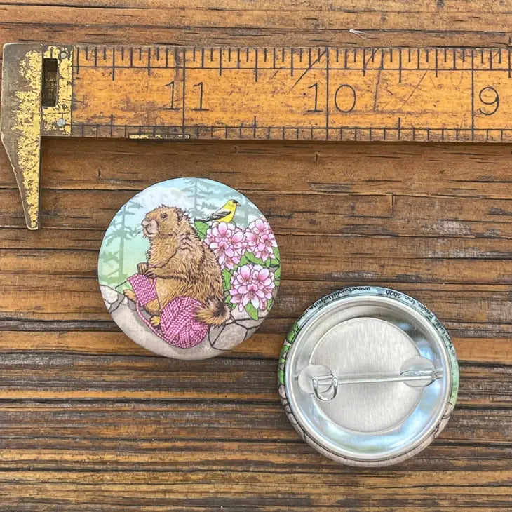 Knitting Marmot Button Pin