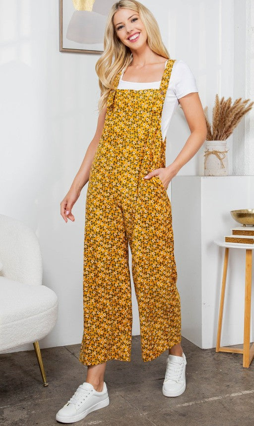 Floral Print Corduroy Overalls