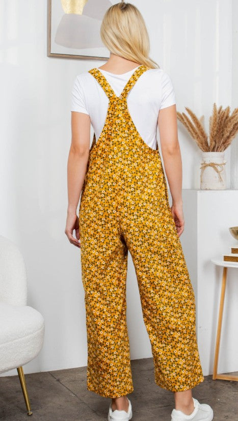 Floral Print Corduroy Overalls