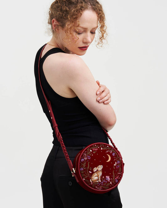 Star Gazing Rabbit Red Embroidered Circle Bag