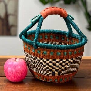 African Bolga Baskets: Mini Round w/Leather Handle