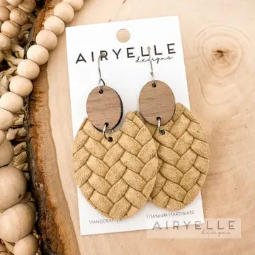 Leather and Wood Woven Earrings