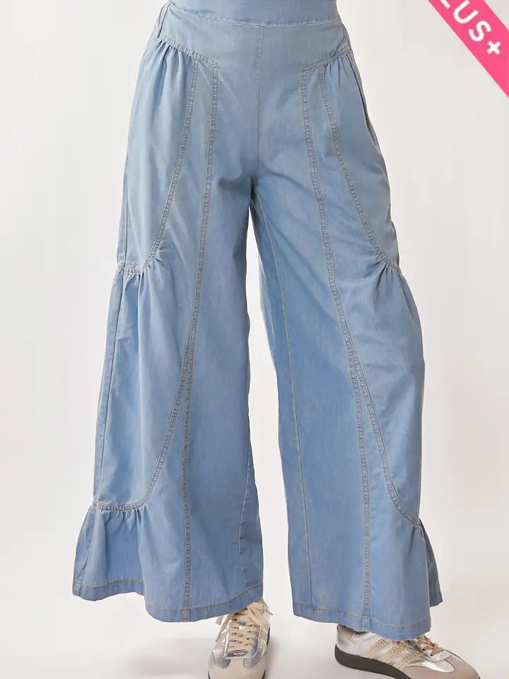 Denim Ruffled Wide Leg Pants (Plus Sized)
