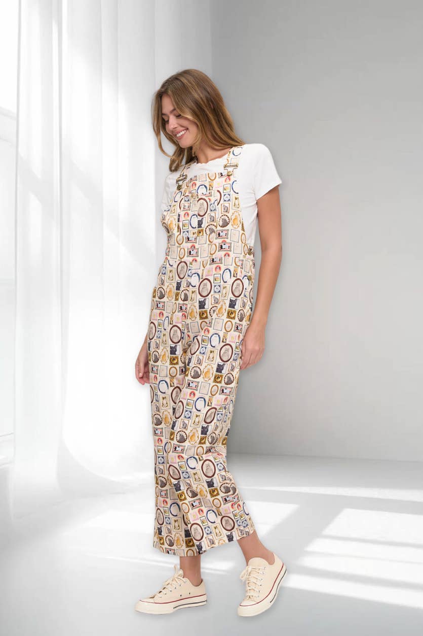 WOMEN’S VINTAGE POSTCARD & PICTURE FRAME PRINT OVERALLS