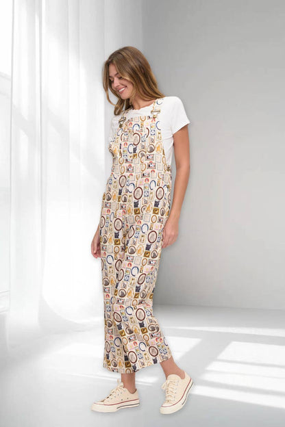 WOMEN’S VINTAGE POSTCARD & PICTURE FRAME PRINT OVERALLS