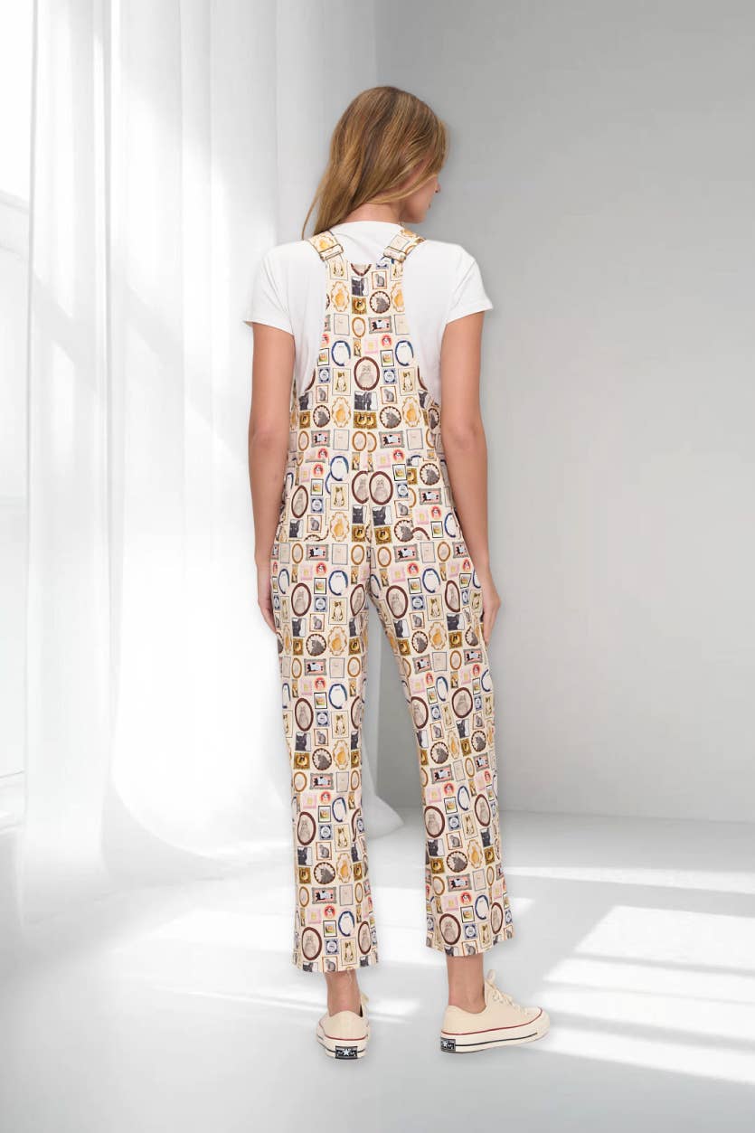 WOMEN’S VINTAGE POSTCARD & PICTURE FRAME PRINT OVERALLS