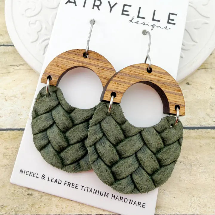 Leather and Wood Woven Earrings