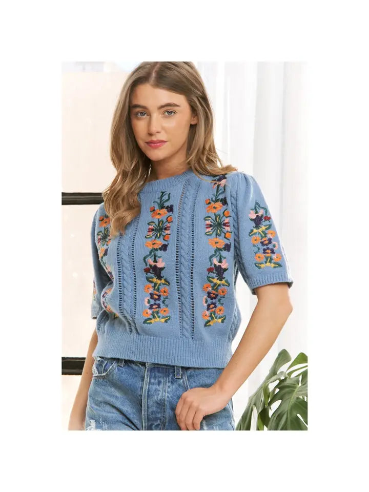 Embroidered Short-Sleeve Sweater