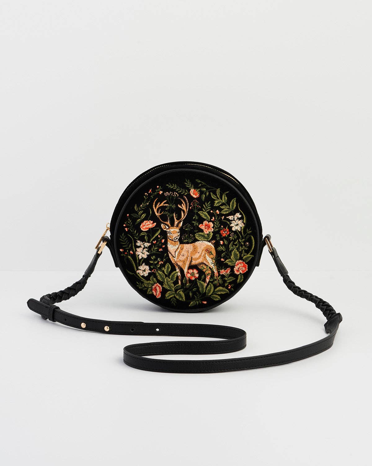 Aurora Fawn Embroidered Black Circle Bag - Fable