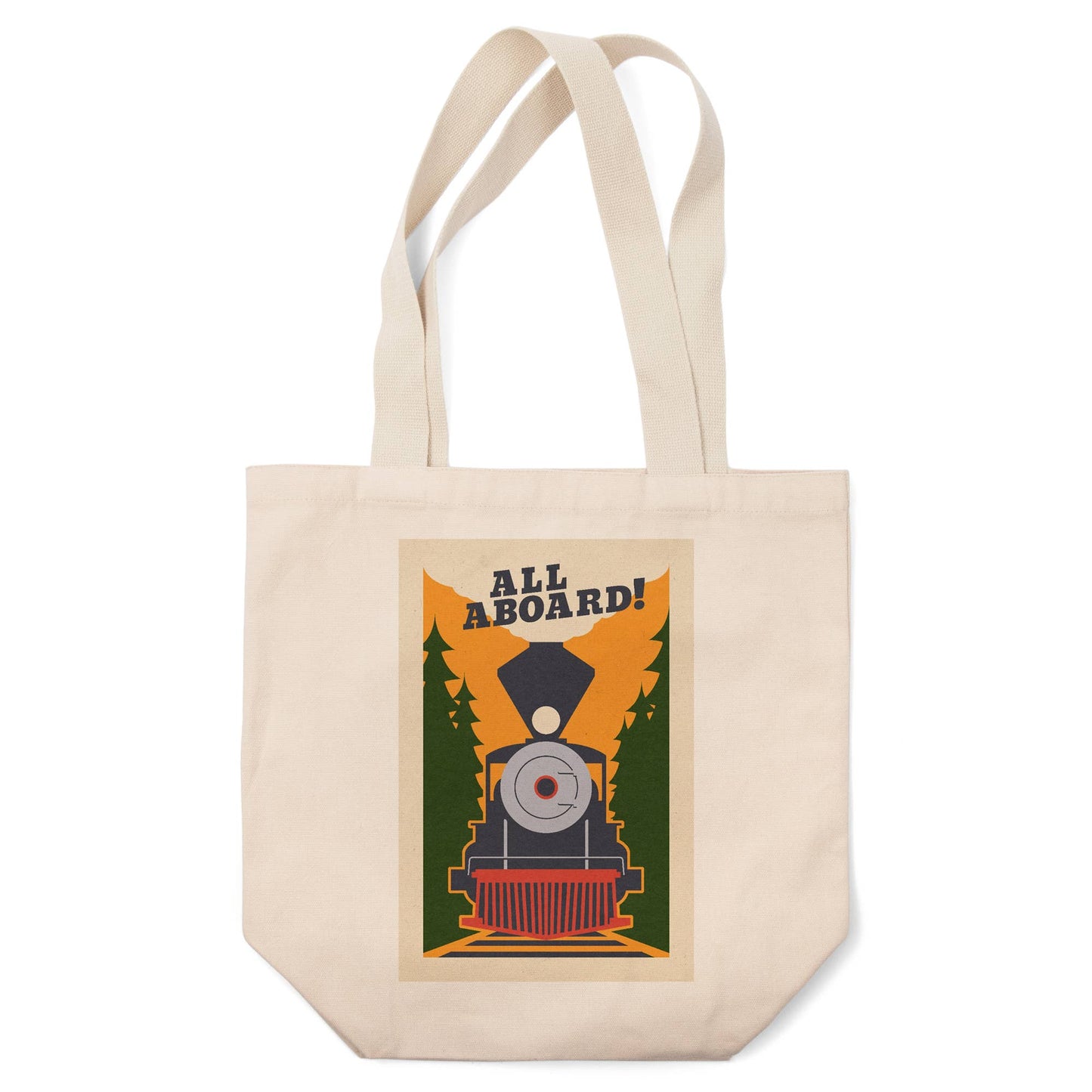ORGANIC TOTE BAGS Train, All Aboard, Woodblock