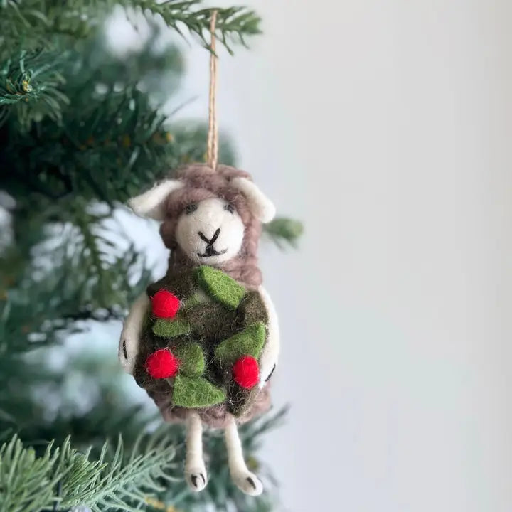 Gray Sheep Holding Wreath Ornament