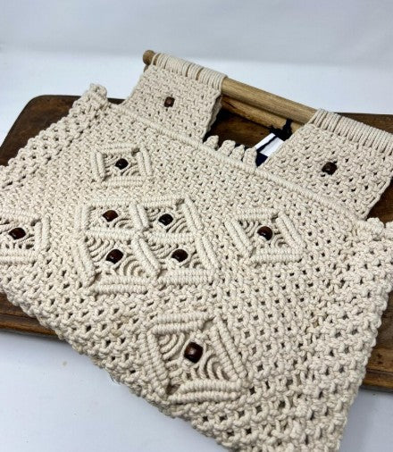 Macrame Cotton Bag with Wooden Handles