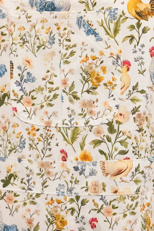Rooster and Floral Print Shortalls